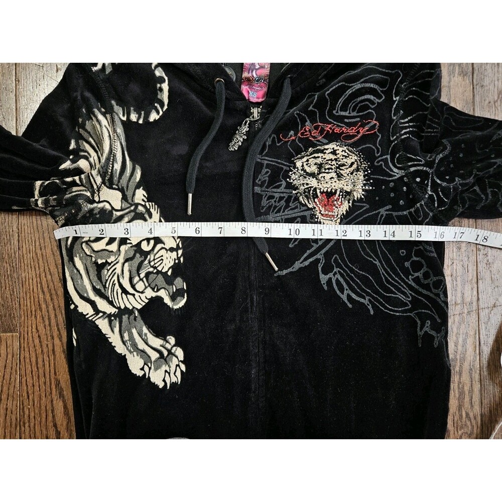 Rare Vtg Ed Hardy Velour Black Christian Audigier Tiger Zip Up Hoodie Sz XS Y2K - Picture 7 of 14